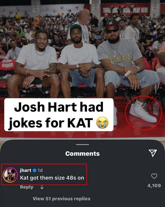 九游官方-哈特在一张夏季联赛的照片中调侃队友唐斯的脚：唐斯穿的是48码的鞋