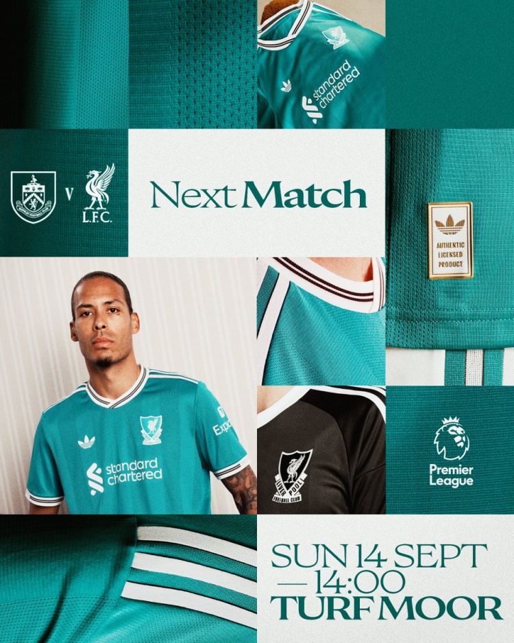 九游入口-利物浦发布客战伯恩利海报：范迪克身穿第三球衣出镜