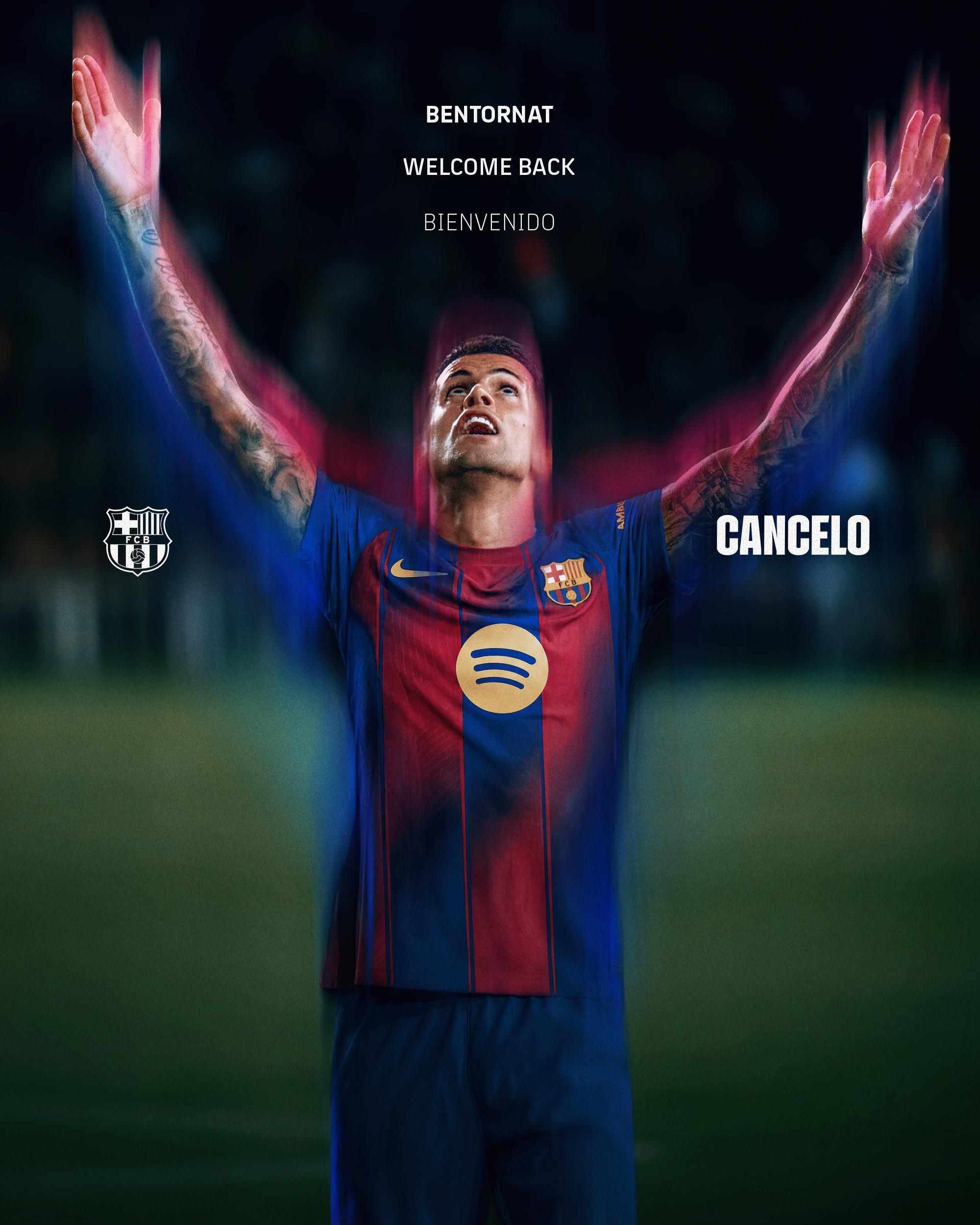 官方：巴萨租借坎塞洛至赛季末，据悉租借费400万欧